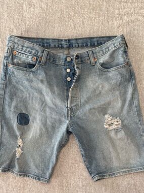 Levi's Light Blue Button-Fly Distressed Denim Shorts